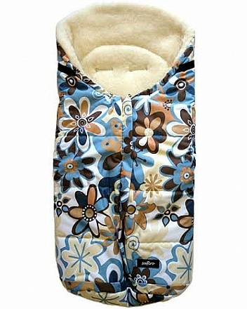 Спальный мешок в коляску №12 - Wintry, шерсть, бежевые/голубые цветки 